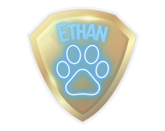 Badge Mighty Pup - aangepaste vinylsticker, Paw Patrol-thema, superheldenbadge, schild, pupheld, helden, puin, Chase, Marshall, Skye