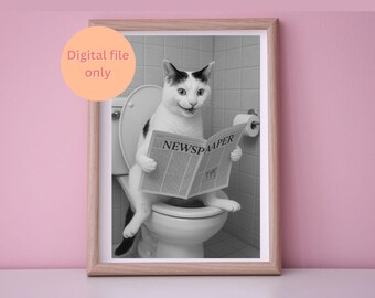 White Cat Funny Bathroom Decor, Wall Art Toilet Humor, Printable, Digital Download, Reading Newspaper