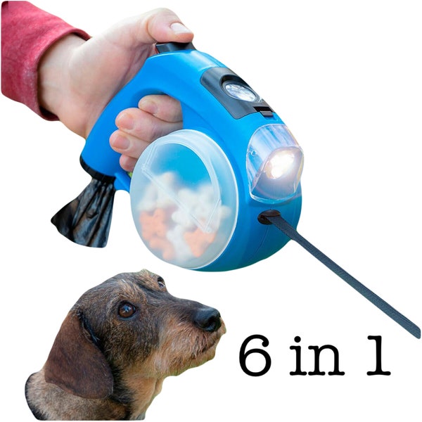 6 In 1 Retractable dog Leash with built in water bowl 3LED Bright Bulbs with simple switch Trash bag dispenser 4 Metres Long