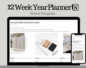 May include: A laptop computer screen displaying a Notion template for a 12-week year planner. The template is titled "my year in the next twelve weeks" and includes sections for goals, education, finance, and career. The screen also shows a bookshelf with books and a few wallets.
