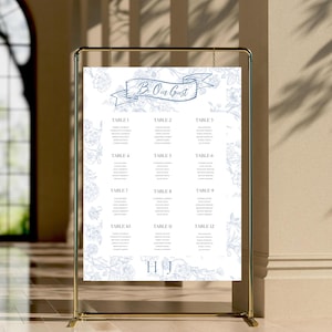 Blumen Weiß und Blau Hochzeit Sitzplan