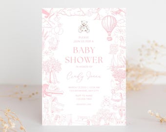 May include: A pink baby shower invitation featuring a whimsical illustration of a hot air balloon, teddy bear, and other baby-related items. The text reads "Please join us for a baby shower in honour of Cindy Jones" with the date, time, and location details.