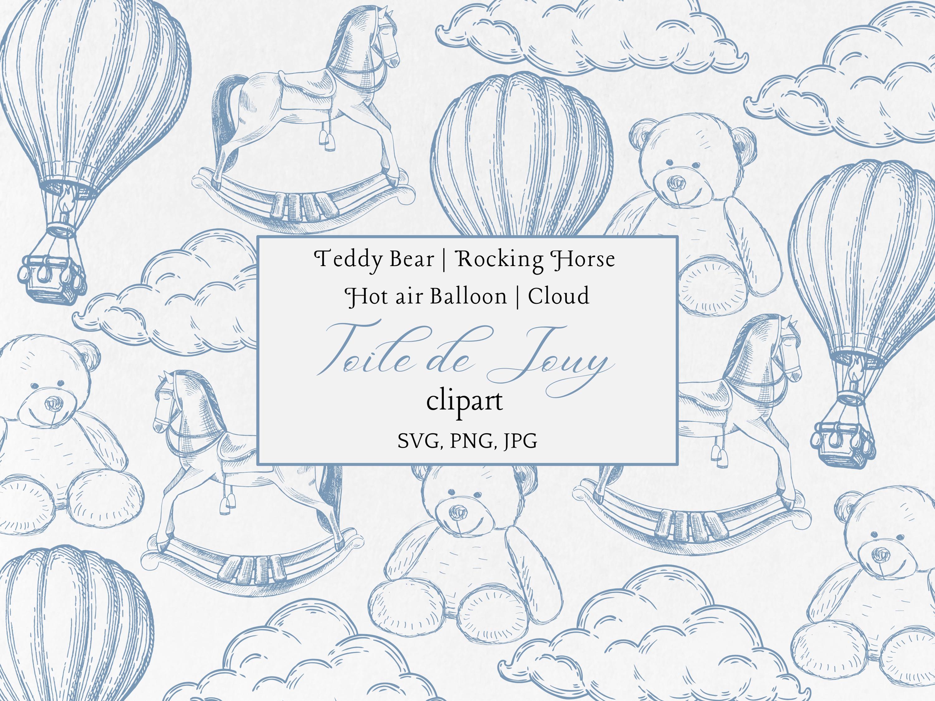 Rocking Horse, Teddy Bear, Hot Air Balloon and Cloud Blue Toile De 
