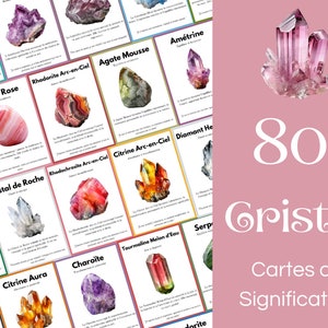 80 cartes de cristaux personnalisables, cartes imprimables avec les significations des pierres précieuses et une citation d'affirmation