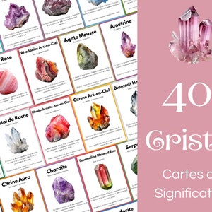 40 cartes de cristaux personnalisables, cartes imprimables avec les significations des pierres précieuses et une citation d'affirmation