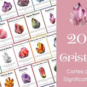 20 cartes de cristaux personnalisables, cartes imprimables avec les significations des pierres précieuses et une citation d'affirmation
