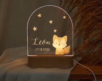 Nombre personalizado Luz nocturna, Decoración de la habitación de la guardería del bebé Nombre del animal Lámpara Regalo de cumpleaños, Lámpara de nombre personalizada Fox vivero Luz de la habitación del regalo del bebé