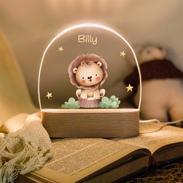 Custom Animal Nightlight Woodland Nursery Personalized LED  Lamp,  Wooden Baby Name Night Light, Kids Bedroom Decor Name light Birthday Gift