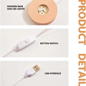 K&ouml;nnte beinhalten: Produktdetailbild mit einem Holzsockel mit LED-Leuchten, einem Knopfschalter und einer USB-Schnittstelle. Der kreisf&ouml;rmige Holzsockel ist hellbraun. Der Knopfschalter und die USB-Schnittstelle sind wei&szlig;.