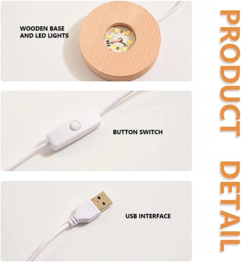 K&ouml;nnte beinhalten: Produktdetailbild mit einem Holzsockel mit LED-Leuchten, einem Knopfschalter und einer USB-Schnittstelle. Der kreisf&ouml;rmige Holzsockel ist hellbraun. Der Knopfschalter und die USB-Schnittstelle sind wei&szlig;.