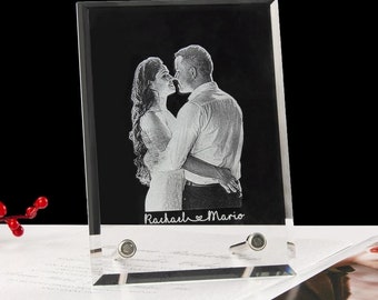 Custom Etched Crystal Photo Frame, Personalized Wedding Anniversary Gift