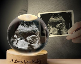Personalized Ultrasound Crystal Ball Lamp, Engraved Wood Base, Keepsake Gift