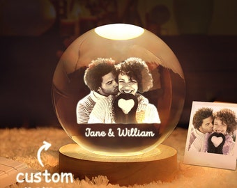 Custom 2D Photo Crystal Ball Night Light, 2D Crystal Snow Globe, Glass Photo Snow Globe Lamp, Engraved Wedding Anniversary Couple Gift