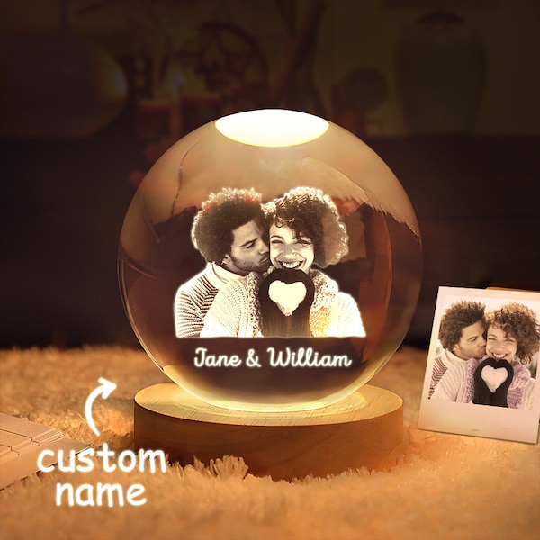 Veilleuse boule de cristal photo 2D personnalisée, boule à neige en cristal 2D, lampe boule à neige photo en verre, cadeau pour couple d'anniversaire de mariage gravé