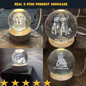 K&ouml;nnte beinhalten: Eine Sammlung beleuchteter Kristallkugeln, jede mit einem einzigartigen eingravierten Bild. Die Kugeln ruhen auf Holzsockeln und werden von innen beleuchtet. Die Bilder zeigen einen Hund, zwei Hunde, einen Ultraschall und ein Kind. Der Text oben lautet "REAL 5 STAR PRODUCT SHOWCASE."