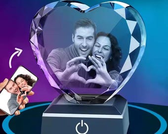 Personalized 3D Photo Crystal Heart with LED Base