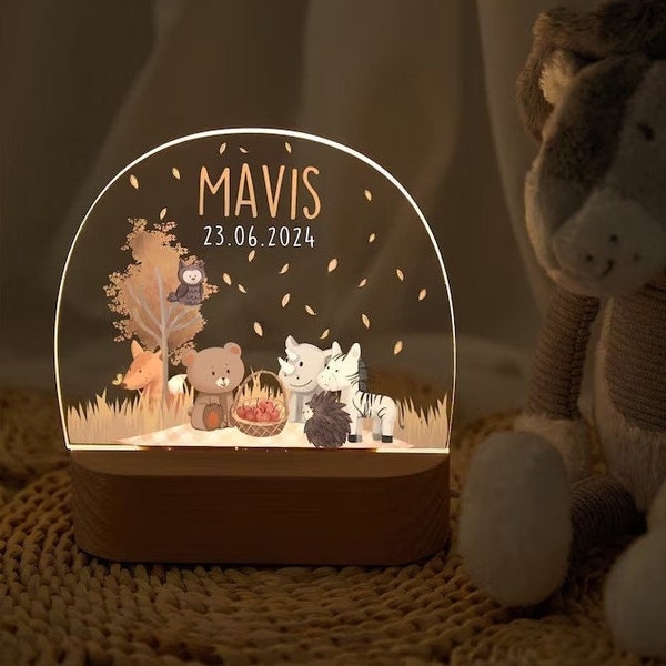 Custom Baby Nightlight, Personalized LED Nursery Lamp, Wooden Baby Night Light, Name Nightlight, Kids Bedroom Decor, Woodland Animals Decor