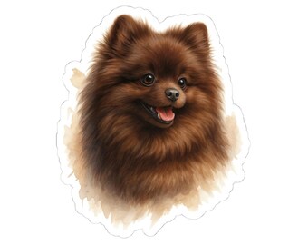 Pegatinas troqueladas de Pomerania color chocolate, calcomanía de perro adorable, etiqueta para mascota, pegatina de vinilo de animal divertido, retrato de Pomerania marrón, regalos de Pomerania