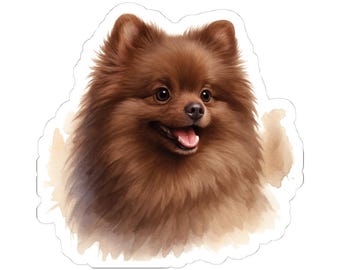 Pegatinas troqueladas de retrato de Pomerania marrón, calcomanía de perro adorable, etiqueta para mascota, calcomanía de vinilo de animal divertido, calcomanía de Pomerania marrón juguetón
