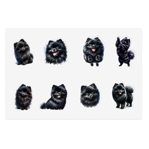 May include: Eight black Pomeranian dog stickers with different poses. The stickers are on a white background.