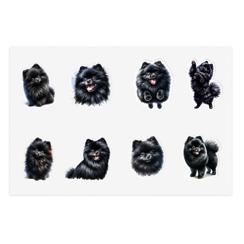 May include: Eight black Pomeranian dog stickers with different poses. The stickers are on a white background.