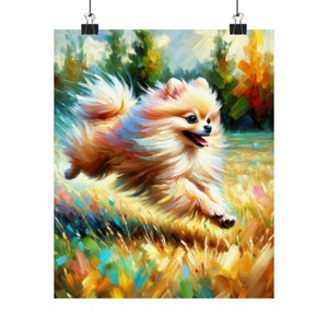 Pode incluir: Uma pintura de um cão pomeranian marrom claro e felpudo correndo por um campo de grama alta. O cão é pintado em um estilo impressionista colorido com azuis, amarelos e verdes vibrantes.