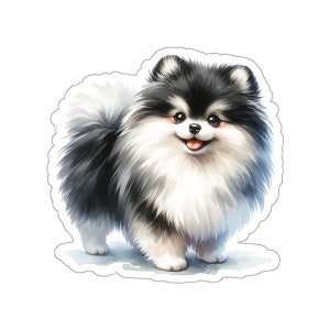 Pommeren Kiss-Cut Stickers - zwart-witte pom, huisdier minnaar cadeau, hond kunst, decor van briefpapier, schattige Pommeren illustratie