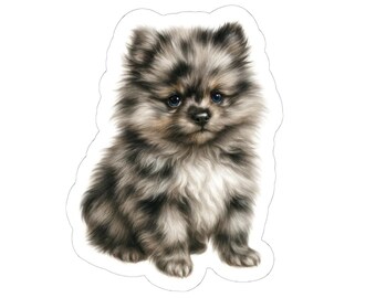 Pegatina troquelada de cachorro de Pomerania Merle, calcomanía para laptop, lindo accesorio de Pomerania, regalo de Pomerania, amante de los perros, papelería