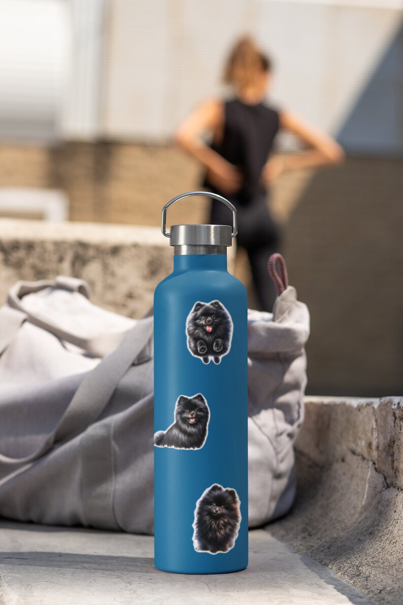 May include: A blue stainless steel water bottle with three black and white dog stickers. The stickers feature a Pomeranian dog in different poses.