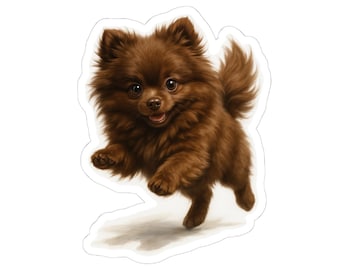 Pegatinas troqueladas de Pomerania, calcomanía de perro adorable, etiqueta para mascota, pegatina de vinilo de animal divertido, pegatina de pom marrón juguetón