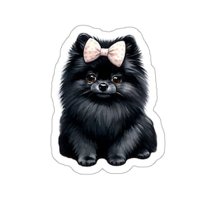 Adesivo con cucciolo di Pomerania nero con fiocco rosa - Adesivo in vinile per cani, adorabile per bottiglie d'acqua, computer portatili, ecc., regalo per gli amanti dei cuccioli