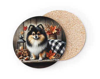 Posavasos - Diseño de Pomerania tricolor con temática de otoño, lindo regalo de inauguración de la casa para amantes de las mascotas, juego de 4 posavasos para bebidas, accesorios de decoración del hogar.