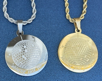 TS Inspired Mirror Ball Pendant Necklace - Gold & Silver Laser Engraved on Rope Chain