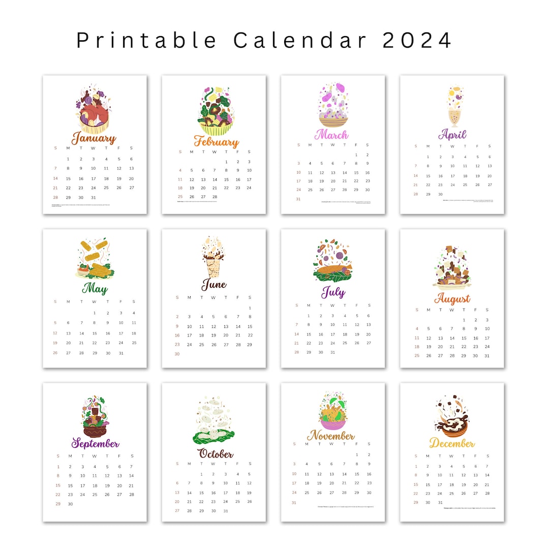 Printable Calendar 2024 Printable Calendar Food Calendar 12 Etsy