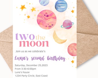 EDITABLE Two the Moon Birthday Invitation 2nd Birthday Party Invitation Girl Space Invitation Planets Birthday Printable Invitation Template