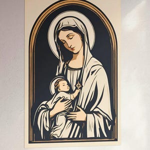 Póster vintage de la Madre de Dios, arte de la Santísima Virgen y el Niño, arte católico retro, arte de pared premium, regalos católicos vintage