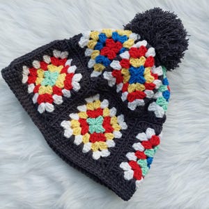 Granny Square Crochet Beanie, Dark Grey Crochet Hat, Available for Sale