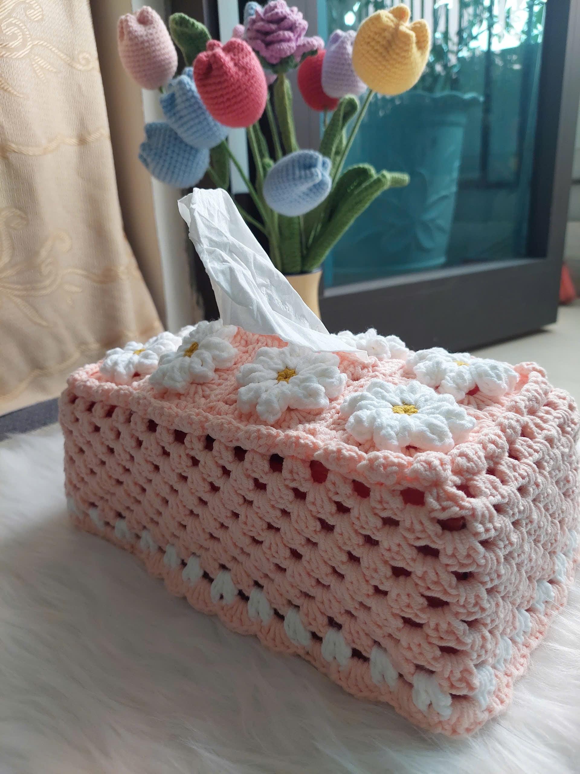 かぎ針編みの 3D デイジー フラワー ピンク ティッシュケースカバー