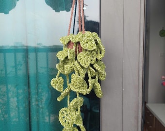 May include: A crocheted green plant hanging from a hook on a glass door. The plant is made of yarn and has a brown pot.