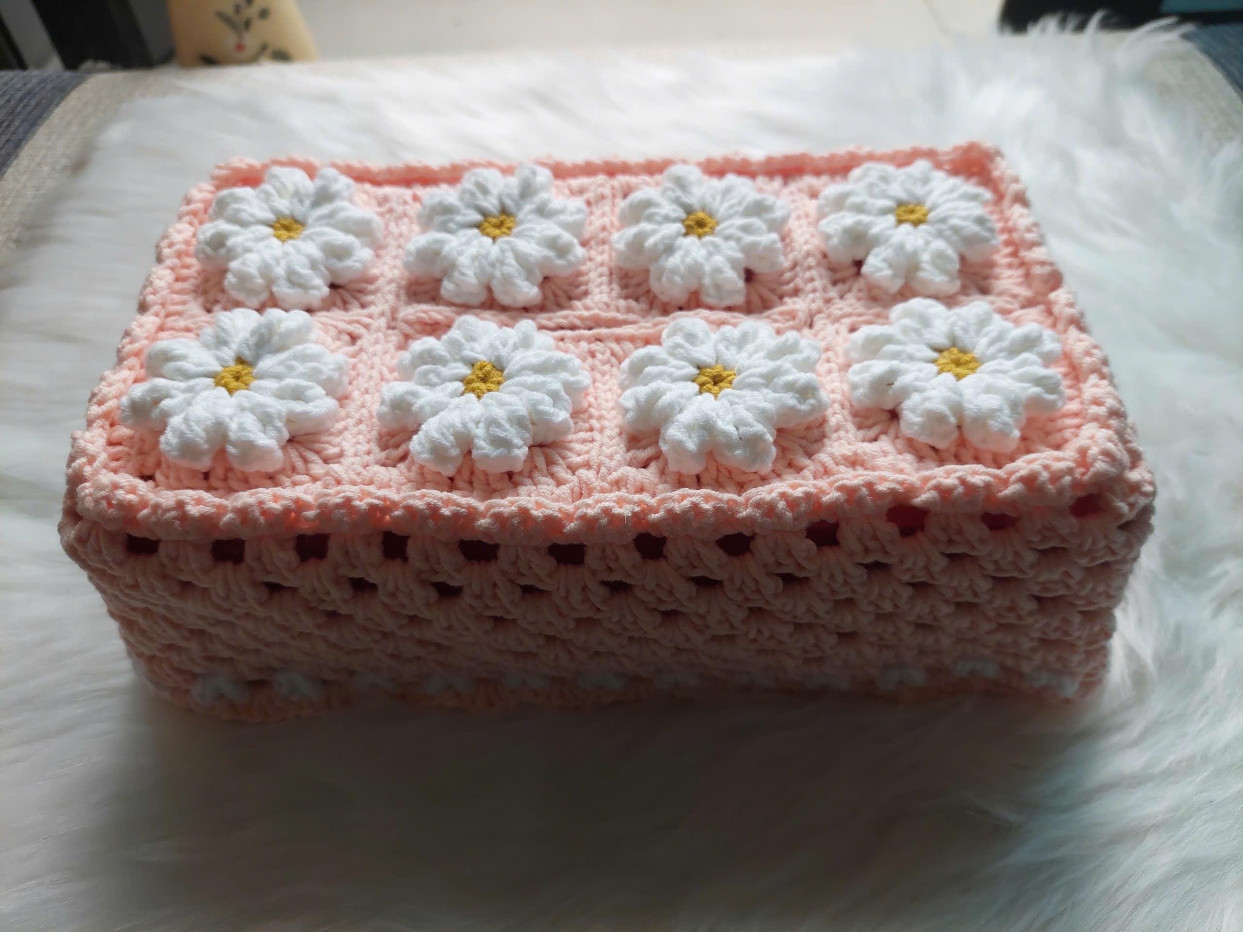 かぎ針編みの 3D デイジー フラワー ピンク ティッシュケースカバー