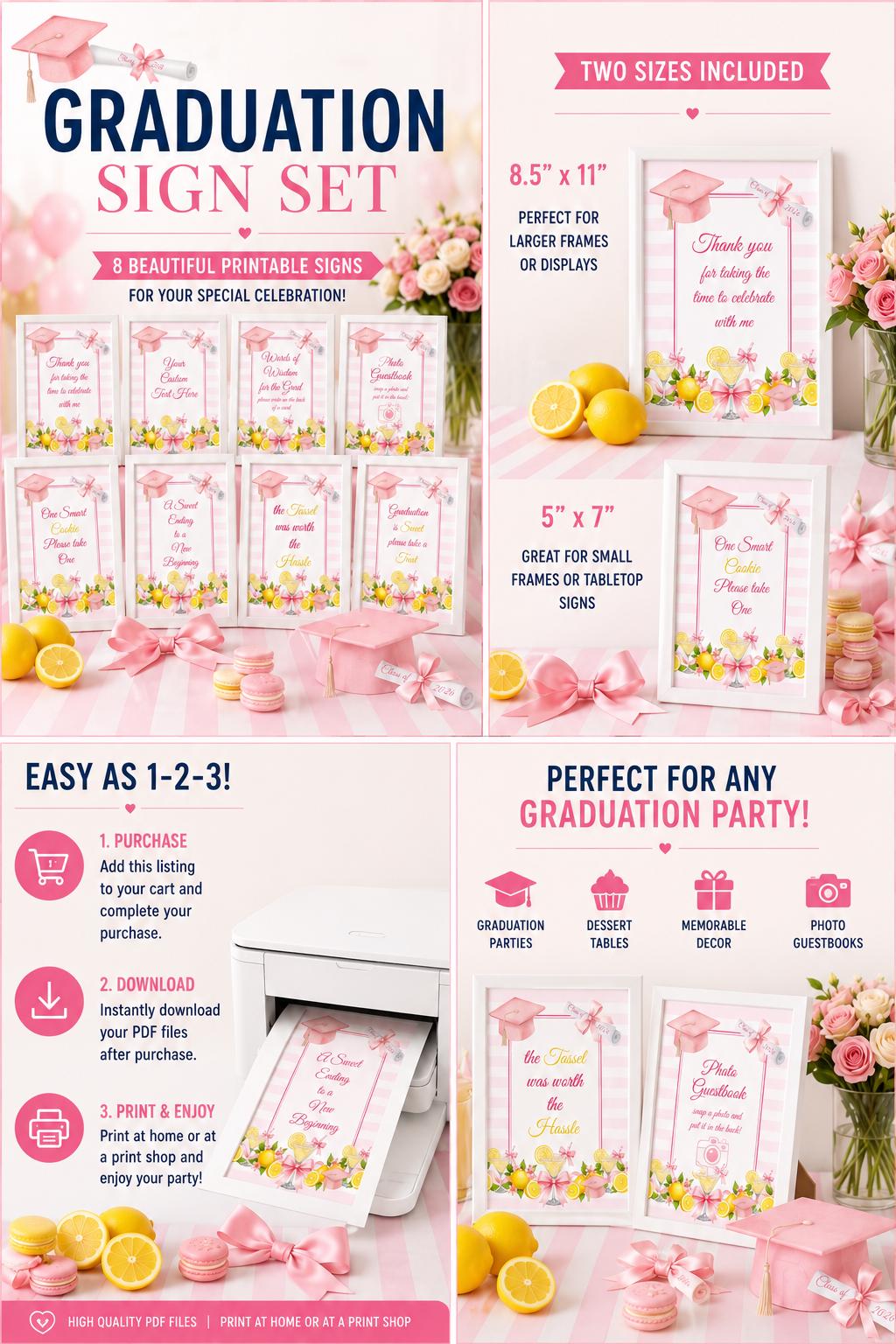 Graduationa Signs Pink Pink Lemon Graduation 8 Sign Bundle, Printable Party Decor (instant ...
