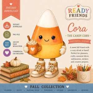 May include: A digital illustration of a candy corn character named Cora, featuring a white, orange, and yellow body, wearing tan sneakers, and holding a mug with a heart. The image includes text labels, a stack of three books, a pumpkin, and a pencil holder.