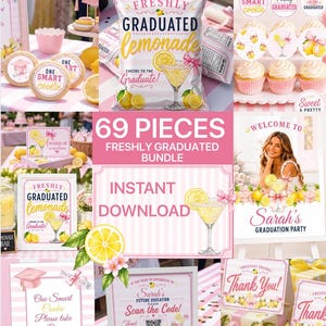 Könnte beinhalten: Eine Sammlung von Dekorationen für eine Abschlussfeier mit Zitronen-Thema. Enthält Kekse, Cupcakes, Schilder und eine Tüte "Freshly Graduated Lemonade". Das Farbschema ist rosa und gelb, mit dem Text "Sarah's Graduation Party".