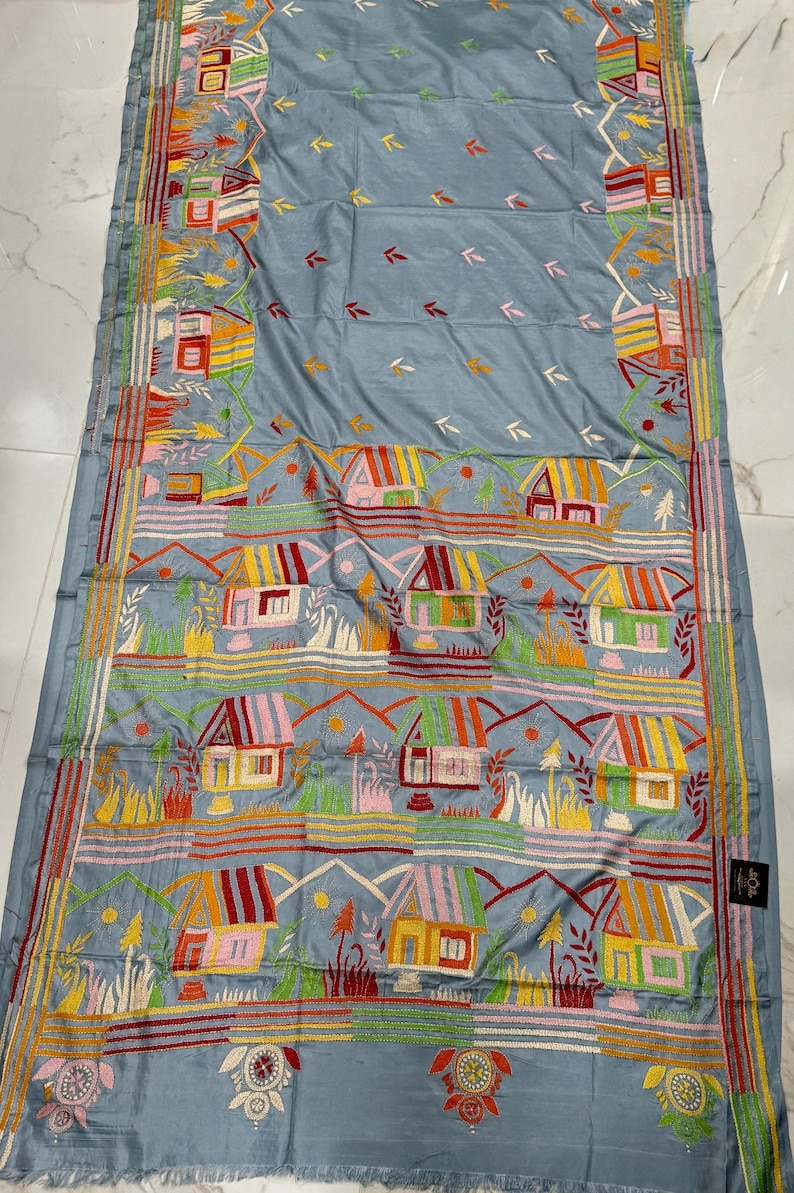 Hand Stitched Kantha Silk Saree | Multi Thread Kantha Stitching ...