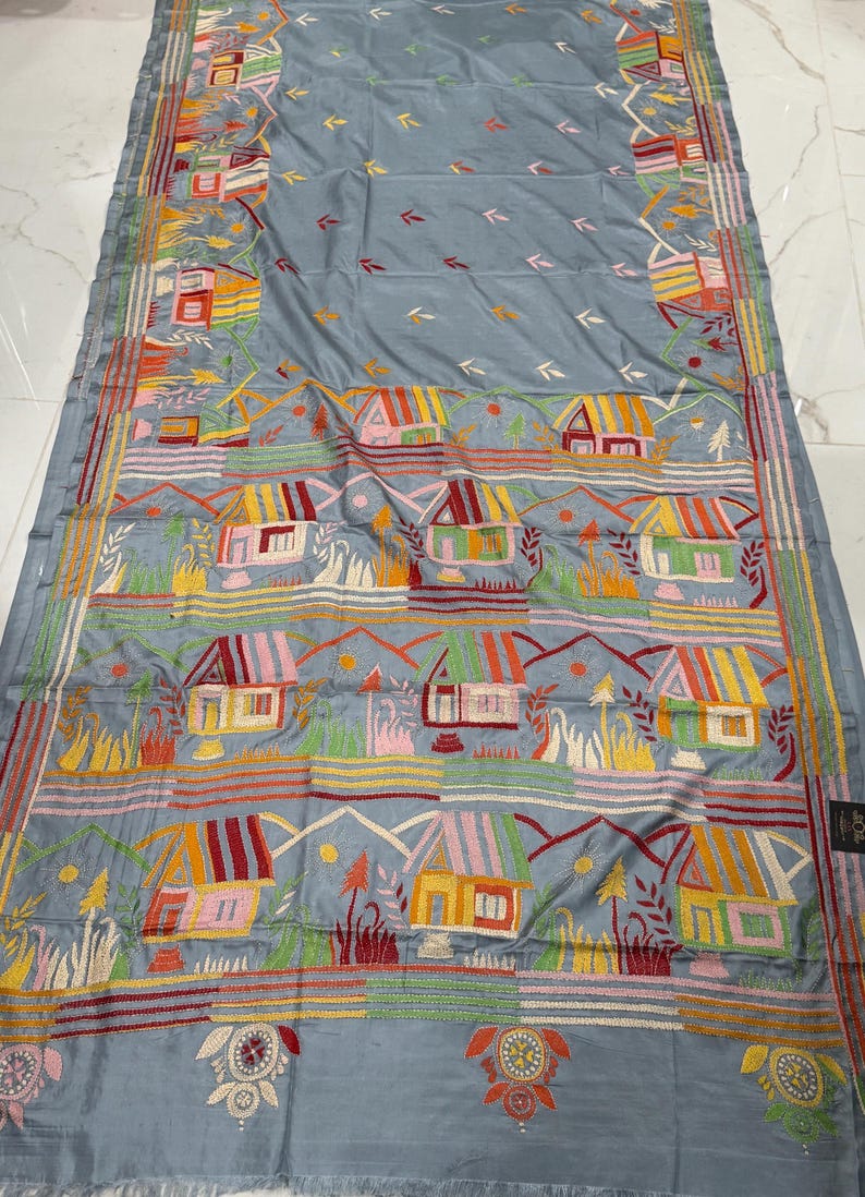 Hand Stitched Kantha Silk Saree | Multi Thread Kantha Stitching ...