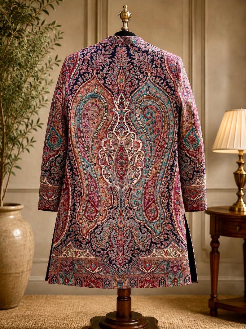 May include: A long-sleeved jacket featuring a dark navy blue base with an intricate, multi-colored paisley pattern in shades of red, pink, teal, and cream. The garment has a high collar, a structured fit, and a symmetrical design on the back.