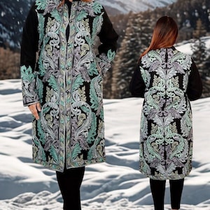 Luxury Kani/Jamawar  Woolen Jacket with Jari | woven Kashmir Artwear | Statement fashion wear | Kashmir Winter Dresses|knee length| size 46