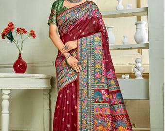 Saree du Cachemire Goulistan | Soie mélangée bordeaux à motif cachemire floral