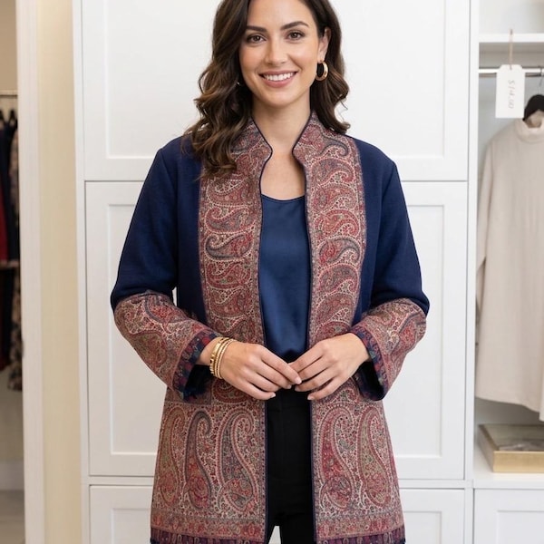 Kani Pashmina Jamawar Jacket, Women's Woven Paisley Coat, Size 44