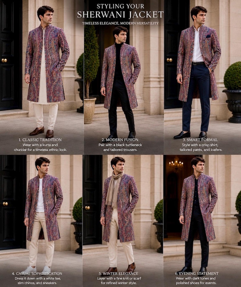 May include: A collage of six images showing a long-sleeved, knee-length sherwani jacket with a colorful paisley pattern. The jacket is styled in various ways with different shirts, trousers, scarves, and shoes, featuring the text Styling Your Sherwani Jacket.